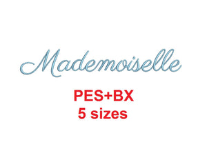 Mademoiselle Script embroidery font formats bx (which converts to 17 machine formats), + pes, Sizes 0.25 (1/4), 0.50 (1/2), 1, 1.5 and 2"