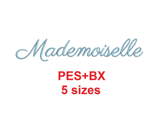 Mademoiselle Script embroidery font formats bx (which converts to 17 machine formats), + pes, Sizes 0.25 (1/4), 0.50 (1/2), 1, 1.5 and 2