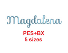 Magdalena Script embroidery font formats bx (which converts to 17 machine formats), + pes, Sizes 0.25 (1/4), 0.50 (1/2), 1, 1.5 and 2"