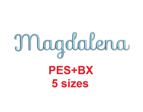 Magdalena Script embroidery font formats bx (which converts to 17 machine formats), + pes, Sizes 0.25 (1/4), 0.50 (1/2), 1, 1.5 and 2