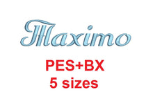 Maximo Script embroidery font formats bx (which converts to 17 machine formats), + pes, Sizes 0.25 (1/4), 0.50 (1/2), 1, 1.5 and 2"