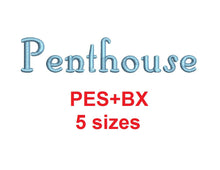 Penthouse Script embroidery font formats bx (which converts to 17 machine formats), + pes, Sizes 0.25 (1/4), 0.50 (1/2), 1, 1.5 and 2"