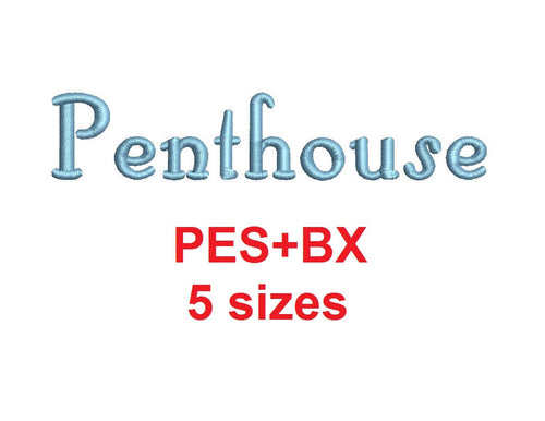 Penthouse Script embroidery font formats bx (which converts to 17 machine formats), + pes, Sizes 0.25 (1/4), 0.50 (1/2), 1, 1.5 and 2