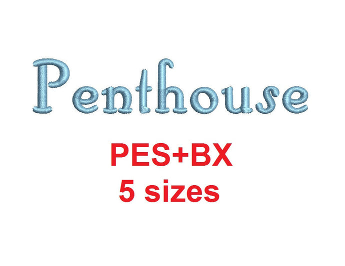 Penthouse Script embroidery font formats bx (which converts to 17 machine formats), + pes, Sizes 0.25 (1/4), 0.50 (1/2), 1, 1.5 and 2