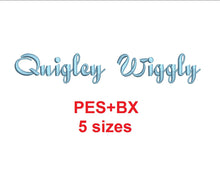 Quigley Wiggly Script embroidery font formats bx (which converts to 17 machine formats), + pes, Sizes 0.25 (1/4), 0.50 (1/2), 1, 1.5 and 2"