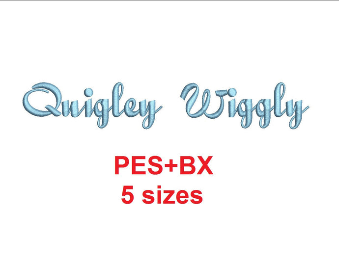 Quigley Wiggly Script embroidery font formats bx (which converts to 17 machine formats), + pes, Sizes 0.25 (1/4), 0.50 (1/2), 1, 1.5 and 2