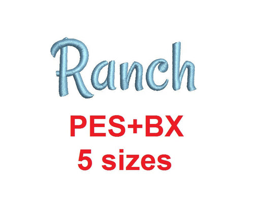 Ranch Script embroidery font formats bx (which converts to 17 machine formats), + pes, Sizes 0.25 (1/4), 0.50 (1/2), 1, 1.5 and 2
