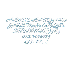 Sarah Script embroidery font formats bx (which converts to 17 machine formats), + pes, Sizes 0.25 (1/4), 0.50 (1/2), 1, 1.5 and 2"