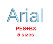 Arial embroidery font formats bx (which converts to 17 machine formats), + pes, Sizes 0.25 (1/4), 0.50 (1/2), 1, 1.5 and 2"