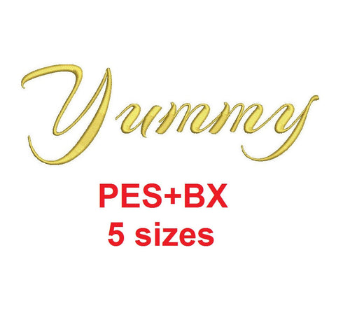 Yummy Script embroidery font formats bx (which converts to 17 machine formats), + pes, Sizes 0.25 (1/4), 0.50 (1/2), 1, 1.5 and 2