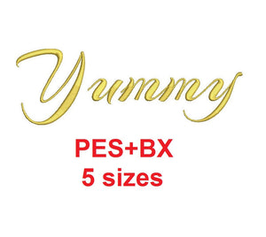 Yummy Script embroidery font formats bx (which converts to 17 machine formats), + pes, Sizes 0.25 (1/4), 0.50 (1/2), 1, 1.5 and 2"