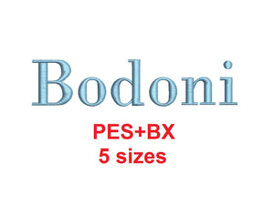 Bodoni embroidery font formats bx (which converts to 17 machine formats), + pes, Sizes 0.25 (1/4), 0.50 (1/2), 1, 1.5 and 2"