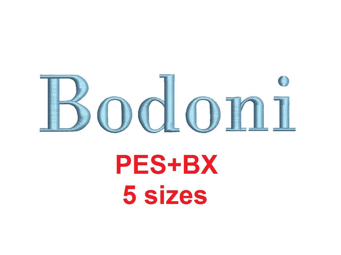 Bodoni embroidery font formats bx (which converts to 17 machine formats), + pes, Sizes 0.25 (1/4), 0.50 (1/2), 1, 1.5 and 2