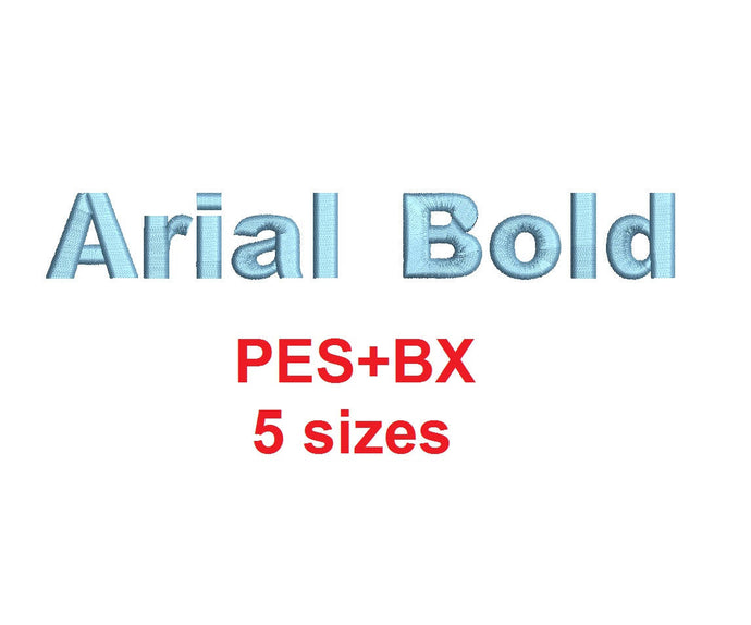 Arial Bold embroidery font formats bx (which converts to 17 machine formats), + pes, Sizes 0.25 (1/4), 0.50 (1/2), 1, 1.5 and 2