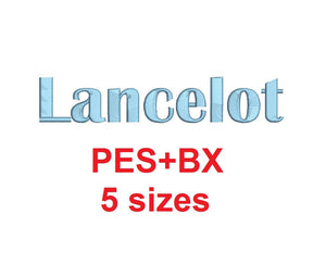 Lancelot embroidery font formats bx (which converts to 17 machine formats), + pes, Sizes 0.25 (1/4), 0.50 (1/2), 1, 1.5 and 2"