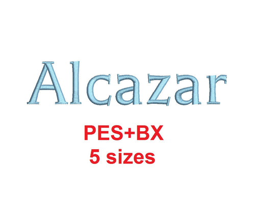 Alcazar embroidery font formats bx (which converts to 17 machine formats), + pes, Sizes 0.25 (1/4), 0.50 (1/2), 1, 1.5 and 2