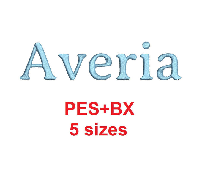 Averia embroidery font formats bx (which converts to 17 machine formats), + pes, Sizes 0.25 (1/4), 0.50 (1/2), 1, 1.5 and 2