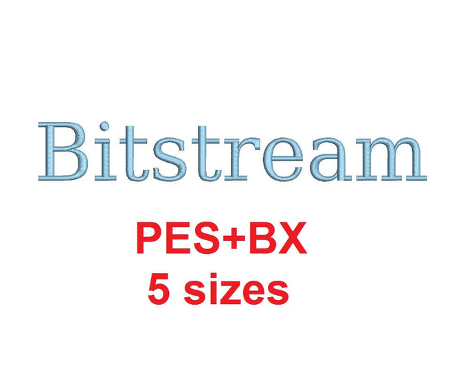Bitstream embroidery font formats bx (which converts to 17 machine formats), + pes, Sizes 0.25 (1/4), 0.50 (1/2), 1, 1.5 and 2