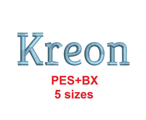 Kreon embroidery font formats bx (which converts to 17 machine formats), + pes, Sizes 0.25 (1/4), 0.50 (1/2), 1, 1.5 and 2