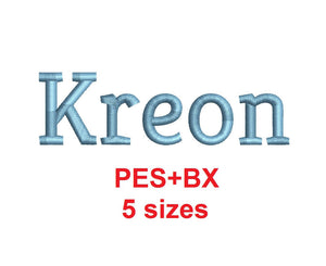 Kreon embroidery font formats bx (which converts to 17 machine formats), + pes, Sizes 0.25 (1/4), 0.50 (1/2), 1, 1.5 and 2"