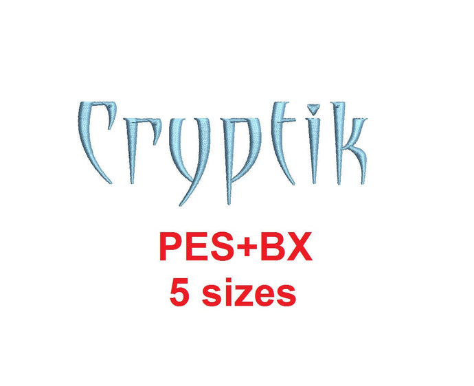 Cryptic embroidery font formats bx (which converts to 17 machine formats), + pes, Sizes 0.25 (1/4), 0.50 (1/2), 1, 1.5 and 2