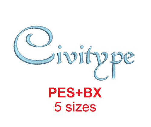 Civitype embroidery font formats bx (which converts to 17 machine formats), + pes, Sizes 0.25 (1/4), 0.50 (1/2), 1, 1.5 and 2