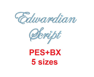 Edwardian embroidery font formats bx (which converts to 17 machine formats), + pes, Sizes 0.25 (1/4), 0.50 (1/2), 1, 1.5 and 2"