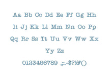 Typewriter embroidery font formats bx (which converts to 17 machine formats), + pes, Sizes 0.25 (1/4), 0.50 (1/2), 1, 1.5 and 2"