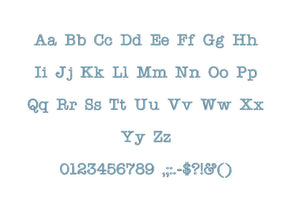 Typewriter embroidery font formats bx (which converts to 17 machine formats), + pes, Sizes 0.25 (1/4), 0.50 (1/2), 1, 1.5 and 2"