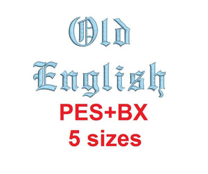 Old English embroidery font formats bx (which converts to 17 machine formats), + pes, Sizes 0.25 (1/4), 0.50 (1/2), 1, 1.5 and 2"