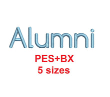 Alumni embroidery font formats bx (which converts to 17 machine formats), + pes, Sizes 0.25 (1/4), 0.50 (1/2), 1, 1.5 and 2"