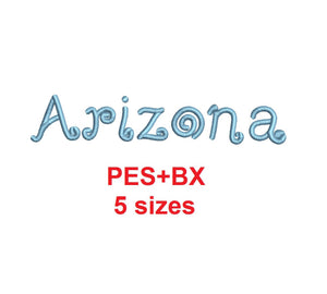 Arizona embroidery font formats bx (which converts to 17 machine formats), + pes, Sizes 0.25 (1/4), 0.50 (1/2), 1, 1.5 and 2"
