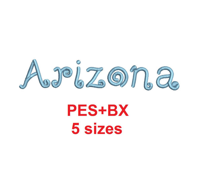 Arizona embroidery font formats bx (which converts to 17 machine formats), + pes, Sizes 0.25 (1/4), 0.50 (1/2), 1, 1.5 and 2