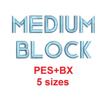 Medium Block embroidery font formats bx (which converts to 17 machine formats), + pes, Sizes 0.25 (1/4), 0.50 (1/2), 1, 1.5 and 2"