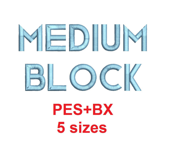 Medium Block embroidery font formats bx (which converts to 17 machine formats), + pes, Sizes 0.25 (1/4), 0.50 (1/2), 1, 1.5 and 2