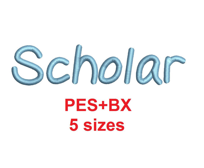 Scholar embroidery font formats bx (which converts to 17 machine formats), + pes, Sizes 0.25 (1/4), 0.50 (1/2), 1, 1.5 and 2