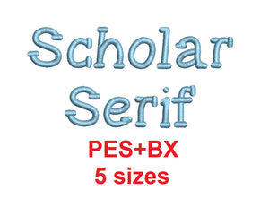 Scholar Serif embroidery font formats bx (which converts to 17 machine formats), + pes, Sizes 0.25 (1/4), 0.50 (1/2), 1, 1.5 and 2"