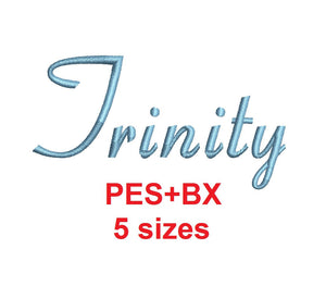 Trinity font formats bx (which converts to 17 machine formats), + pes, Sizes 0.25 (1/4), 0.50 (1/2), 1, 1.5 and 2"