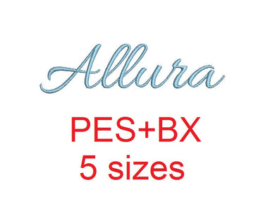 Allura Script embroidery font formats bx (which converts to 17 machine formats), + pes, Sizes 0.25 (1/4), 0.50 (1/2), 1, 1.5 and 2