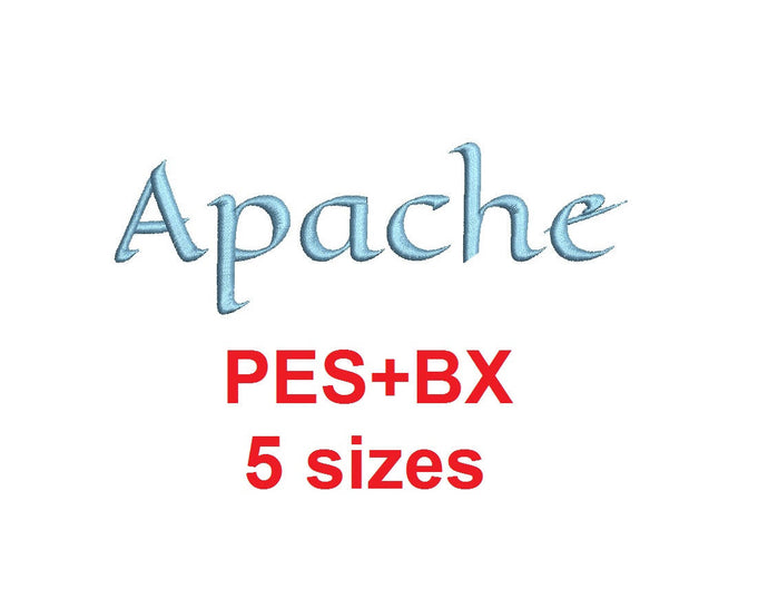 Apache Script embroidery font formats bx (which converts to 17 machine formats), + pes, Sizes 0.25 (1/4), 0.50 (1/2), 1, 1.5 and 2