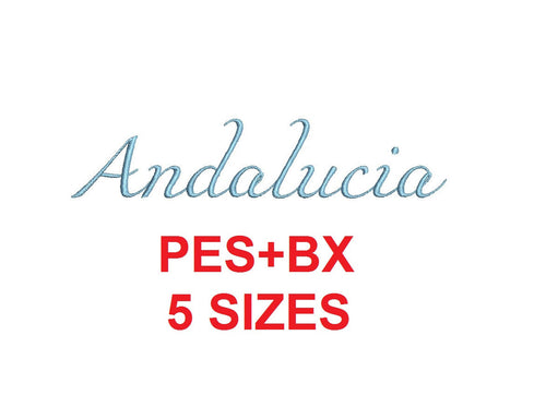 Andalucia Script embroidery font formats bx (which converts to 17 machine formats), + pes, Sizes 0.25 (1/4), 0.50 (1/2), 1, 1.5 and 2