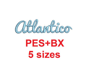 Atlantico Script embroidery font formats bx (which converts to 17 machine formats), + pes, Sizes 0.25 (1/4), 0.50 (1/2), 1, 1.5 and 2"