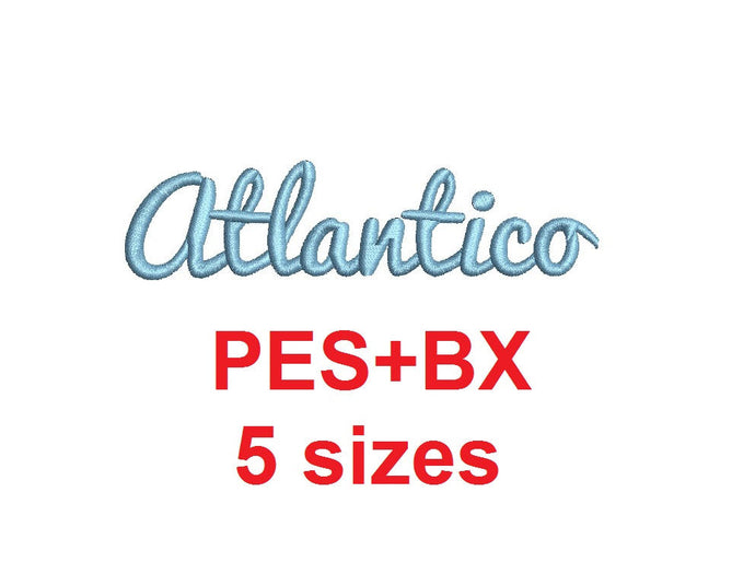 Atlantico Script embroidery font formats bx (which converts to 17 machine formats), + pes, Sizes 0.25 (1/4), 0.50 (1/2), 1, 1.5 and 2