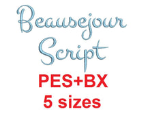 Beausejour Script embroidery font formats bx (which converts to 17 machine formats), + pes, Sizes 0.25 (1/4), 0.50 (1/2), 1, 1.5 and 2"