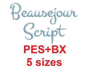 Beausejour Script embroidery font formats bx (which converts to 17 machine formats), + pes, Sizes 0.25 (1/4), 0.50 (1/2), 1, 1.5 and 2"