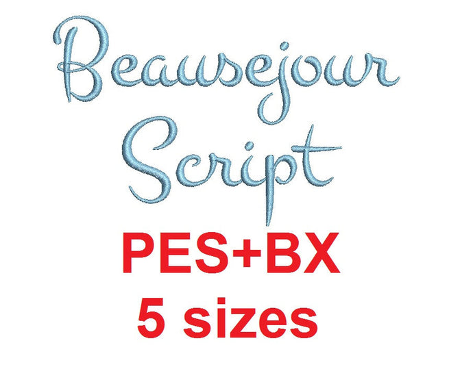 Beausejour Script embroidery font formats bx (which converts to 17 machine formats), + pes, Sizes 0.25 (1/4), 0.50 (1/2), 1, 1.5 and 2