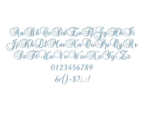 Brock Script embroidery font formats bx (which converts to 17 machine formats), + pes, Sizes 0.25 (1/4), 0.50 (1/2), 1, 1.5 and 2"