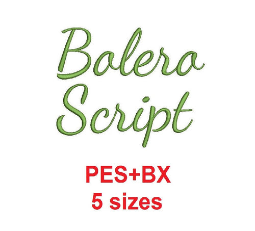 Bolero Script embroidery font formats bx (which converts to 17 machine formats), + pes, Sizes 0.25 (1/4), 0.50 (1/2), 1, 1.5 and 2