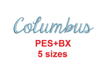 Columbus Script embroidery font formats bx (which converts to 17 machine formats), + pes, Sizes 0.25 (1/4), 0.50 (1/2), 1, 1.5 and 2"