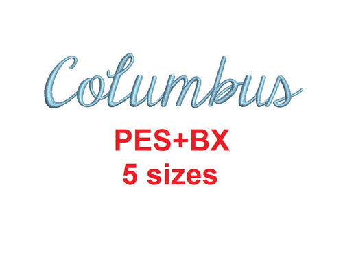 Columbus Script embroidery font formats bx (which converts to 17 machine formats), + pes, Sizes 0.25 (1/4), 0.50 (1/2), 1, 1.5 and 2